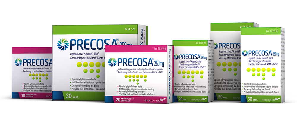 Precosa-ripulilääke, tuotepakkaukset